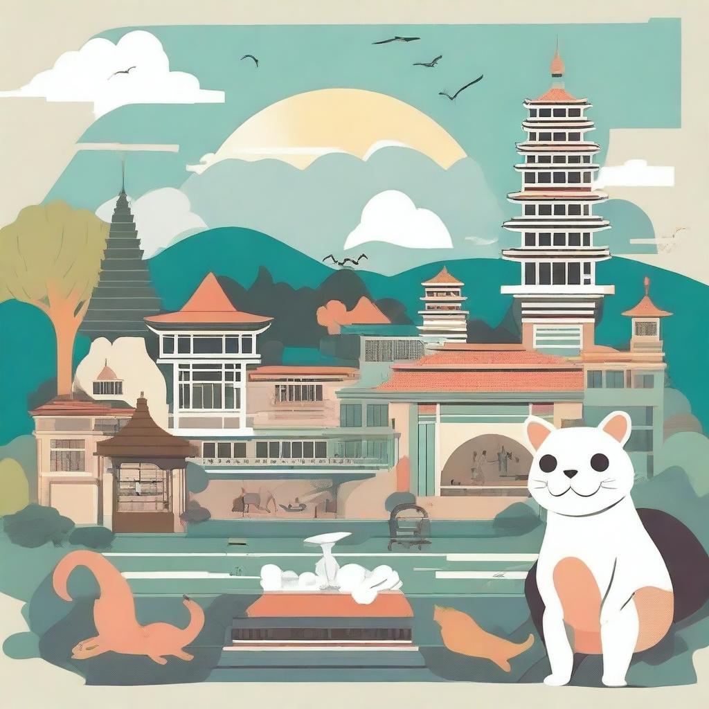 Create an image featuring the city of Bandung with 13 unique and mystical creatures