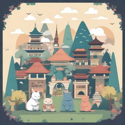 Create an image featuring the city of Bandung with 13 unique and mystical creatures