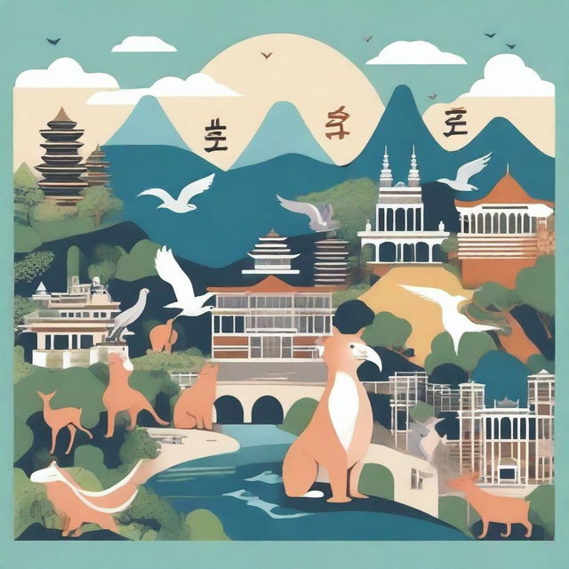 Create an image featuring the city of Bandung with 13 unique and mystical creatures