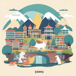 Create an image featuring the city of Bandung with 13 unique and mystical creatures