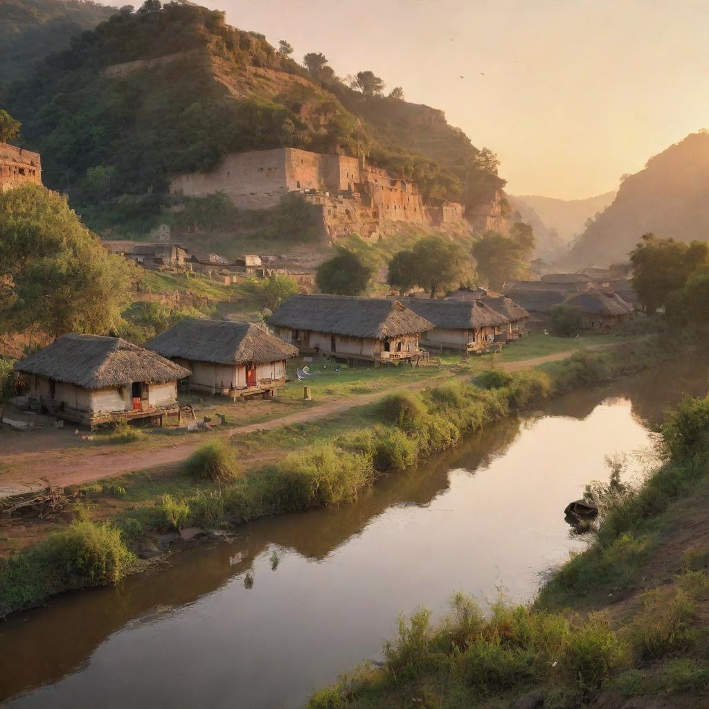 A picturesque colony situated nearby a serene river, bathed in the warm glow of a setting sun.