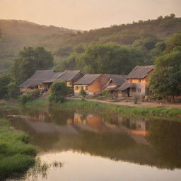 A picturesque colony situated nearby a serene river, bathed in the warm glow of a setting sun.