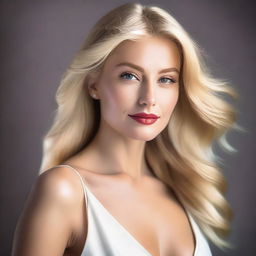 A beautiful blonde woman with a confident and alluring presence, dressed stylishly and exuding elegance