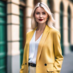 A beautiful blonde woman with an elegant and stylish appearance