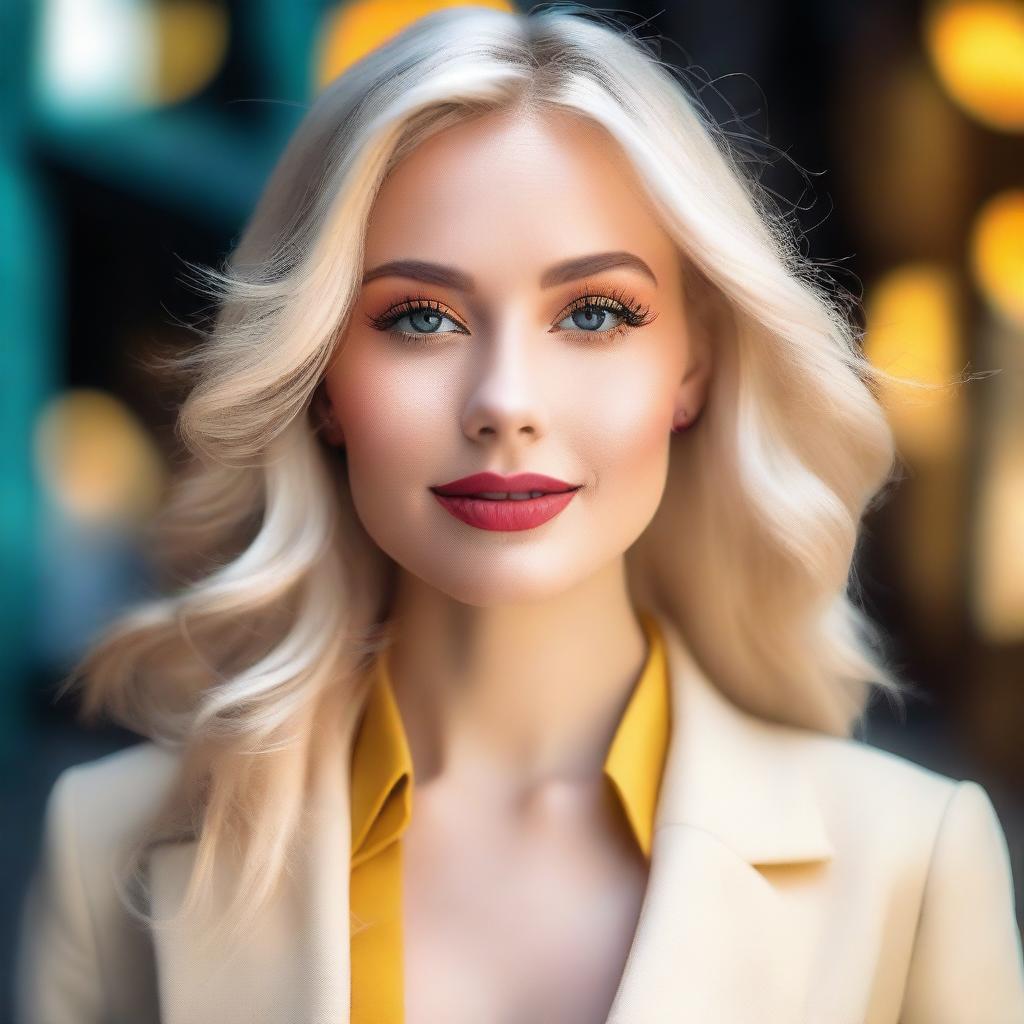 A beautiful blonde woman with an elegant and stylish appearance