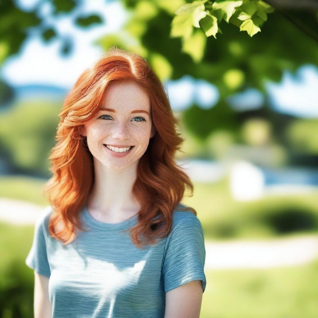 A charming red-headed girl with a friendly smile, dressed in casual attire