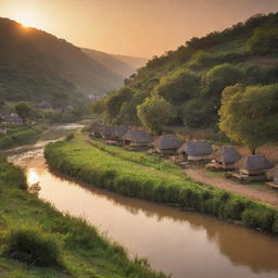 A picturesque colony situated nearby a serene river, bathed in the warm glow of a setting sun.