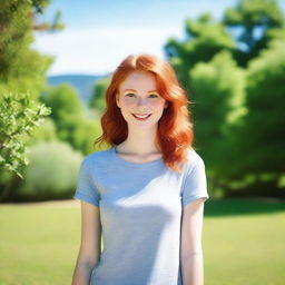 A charming red-headed girl with a friendly smile, dressed in casual attire