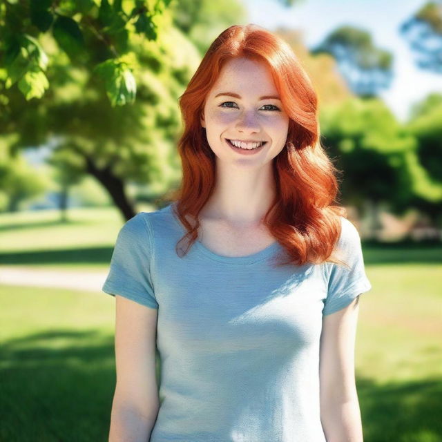 A charming red-headed girl with a friendly smile, dressed in casual attire