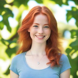 A charming red-headed girl with a friendly smile, dressed in casual attire