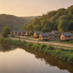 A picturesque colony situated nearby a serene river, bathed in the warm glow of a setting sun.