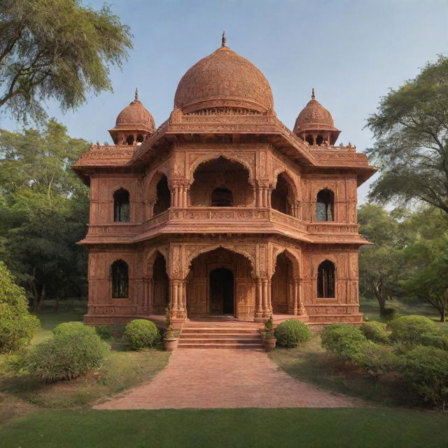 A grand estate reflecting authentic Indian architecture, adorned with intricate carvings, majestic domes, and vibrant colors set amidst a rich, verdant landscape.