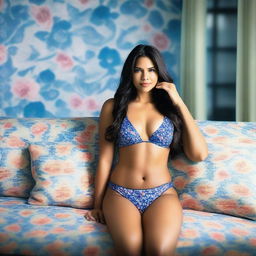 A woman with long, dark hair is sitting on a couch, wearing a floral-patterned bikini