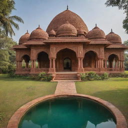 A grand estate reflecting authentic Indian architecture, adorned with intricate carvings, majestic domes, and vibrant colors set amidst a rich, verdant landscape.