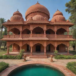 A grand estate reflecting authentic Indian architecture, adorned with intricate carvings, majestic domes, and vibrant colors set amidst a rich, verdant landscape.