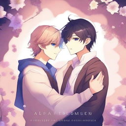 Create an anime-style image featuring two male characters in a romantic embrace