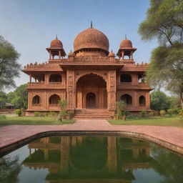 A grand estate reflecting authentic Indian architecture, adorned with intricate carvings, majestic domes, and vibrant colors set amidst a rich, verdant landscape.