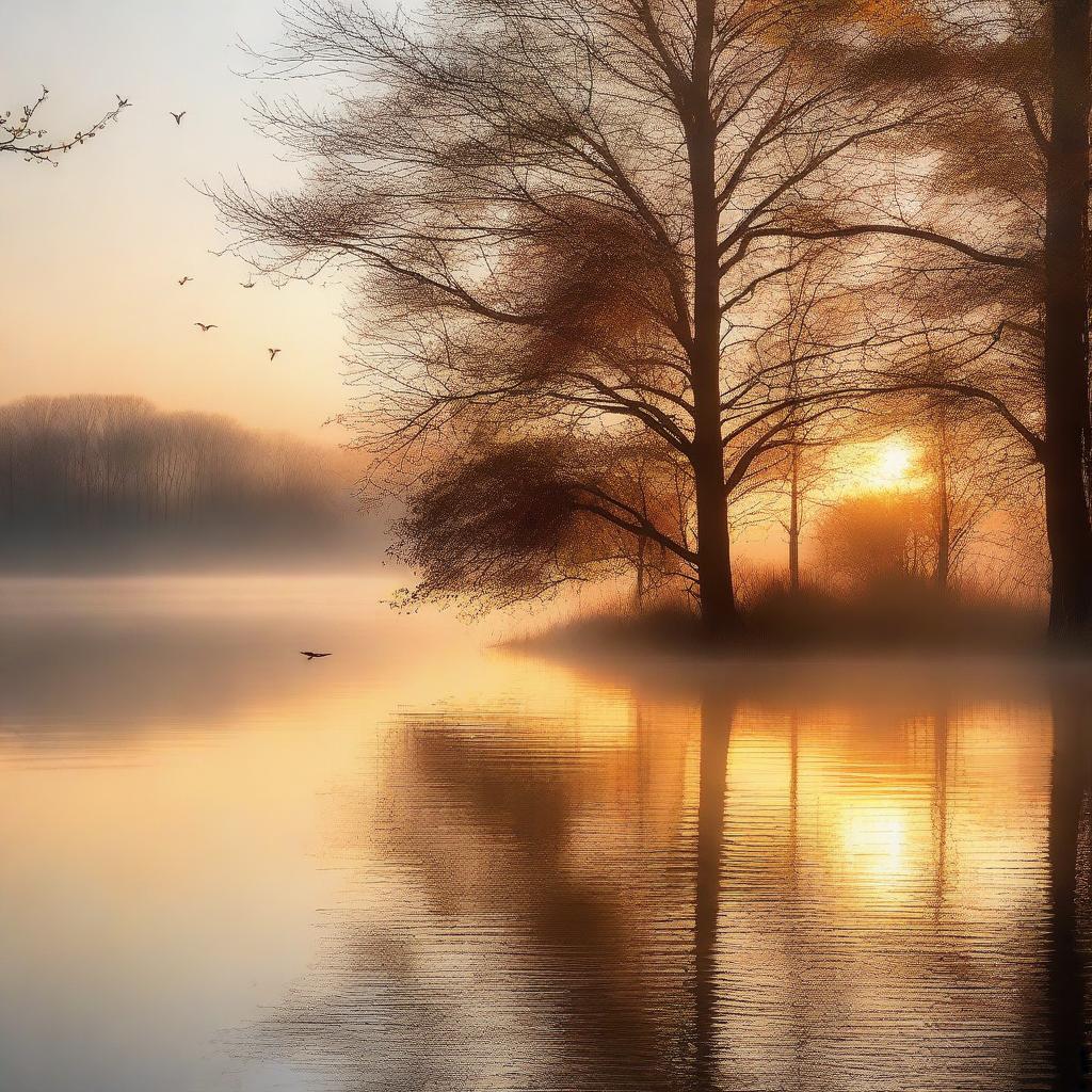 A serene morning scene with a calm lake, mist rising from the water, and the soft glow of the sunrise illuminating the landscape