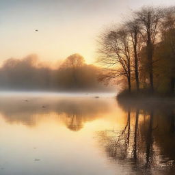 A serene morning scene with a calm lake, mist rising from the water, and the soft glow of the sunrise illuminating the landscape