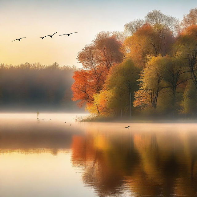 A serene morning scene with a calm lake, mist rising from the water, and the soft glow of the sunrise illuminating the landscape