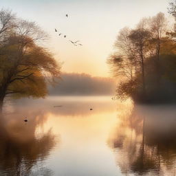 A serene morning scene with a calm lake, mist rising from the water, and the soft glow of the sunrise illuminating the landscape