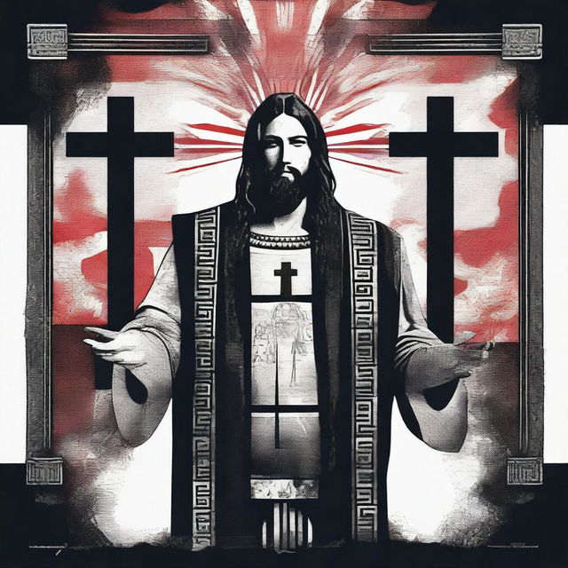 Create a striking 2D Graphic print design that merges the raw power of masculinity with profound Christian symbolism