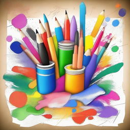 Create an image featuring a dynamic splash of art supplies and school supplies in the middle of the page