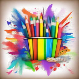 Create an image featuring a dynamic splash of art supplies and school supplies in the middle of the page