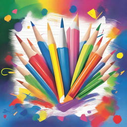 Create an image featuring a dynamic splash of art supplies and school supplies in the middle of the page