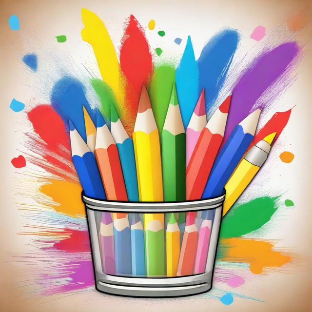 Create an image featuring a dynamic splash of art supplies and school supplies in the middle of the page