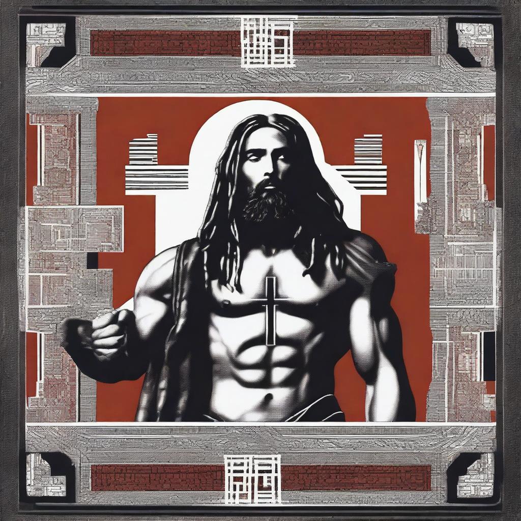 Create a striking 2D Graphic print design that merges the raw power of masculinity with profound Christian symbolism