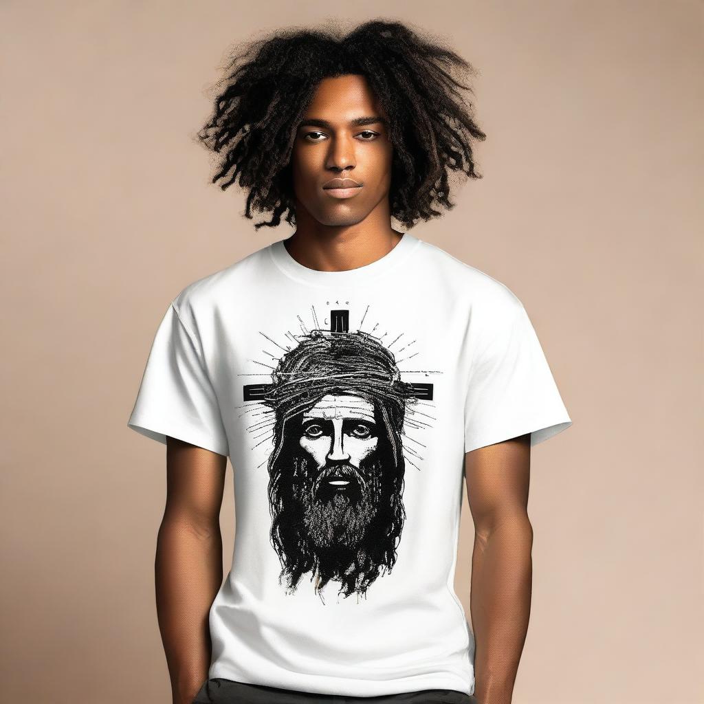 Design a compelling graphic T-shirt that embodies the profound sacrifice of Jesus Christ for humanity's sins, infused with a masculine aesthetic inspired by @fearthelamb's TikTok channel