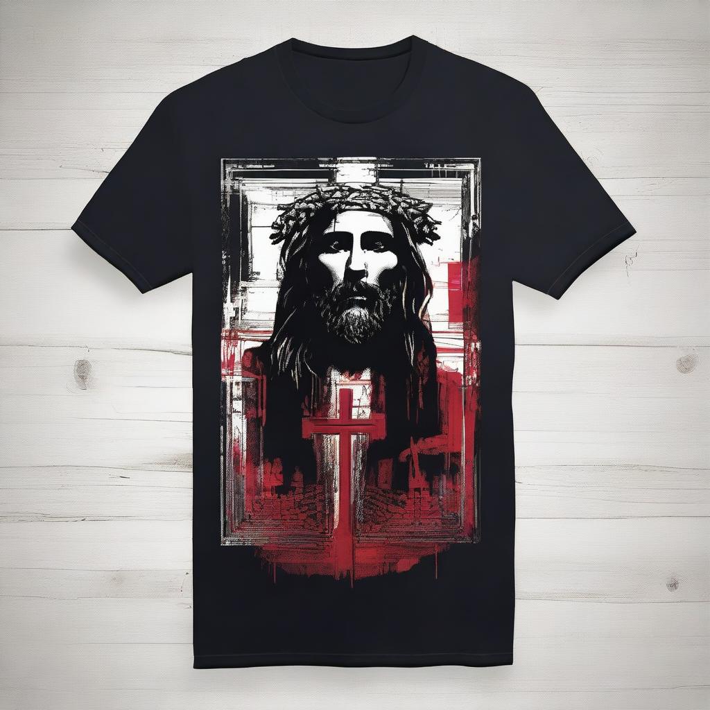 Design a compelling graphic T-shirt that embodies the profound sacrifice of Jesus Christ for humanity's sins, infused with a masculine aesthetic inspired by @fearthelamb's TikTok channel