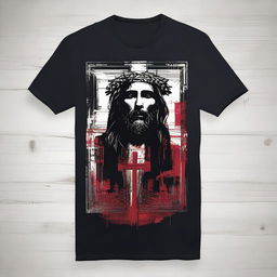 Design a compelling graphic T-shirt that embodies the profound sacrifice of Jesus Christ for humanity's sins, infused with a masculine aesthetic inspired by @fearthelamb's TikTok channel