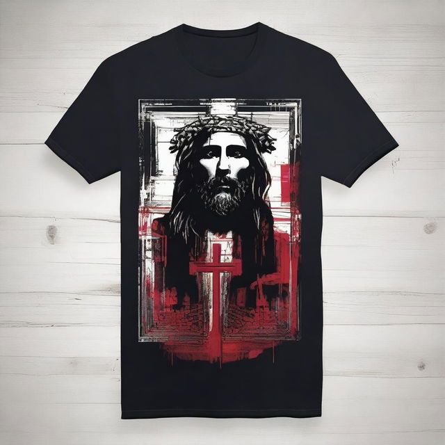 Design a compelling graphic T-shirt that embodies the profound sacrifice of Jesus Christ for humanity's sins, infused with a masculine aesthetic inspired by @fearthelamb's TikTok channel