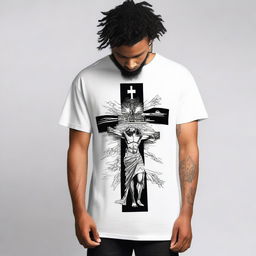 Design a compelling graphic T-shirt that embodies the profound sacrifice of Jesus Christ for humanity's sins, infused with a masculine aesthetic inspired by @fearthelamb's TikTok channel