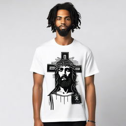 Design a compelling graphic T-shirt that embodies the profound sacrifice of Jesus Christ for humanity's sins, infused with a masculine aesthetic inspired by @fearthelamb's TikTok channel