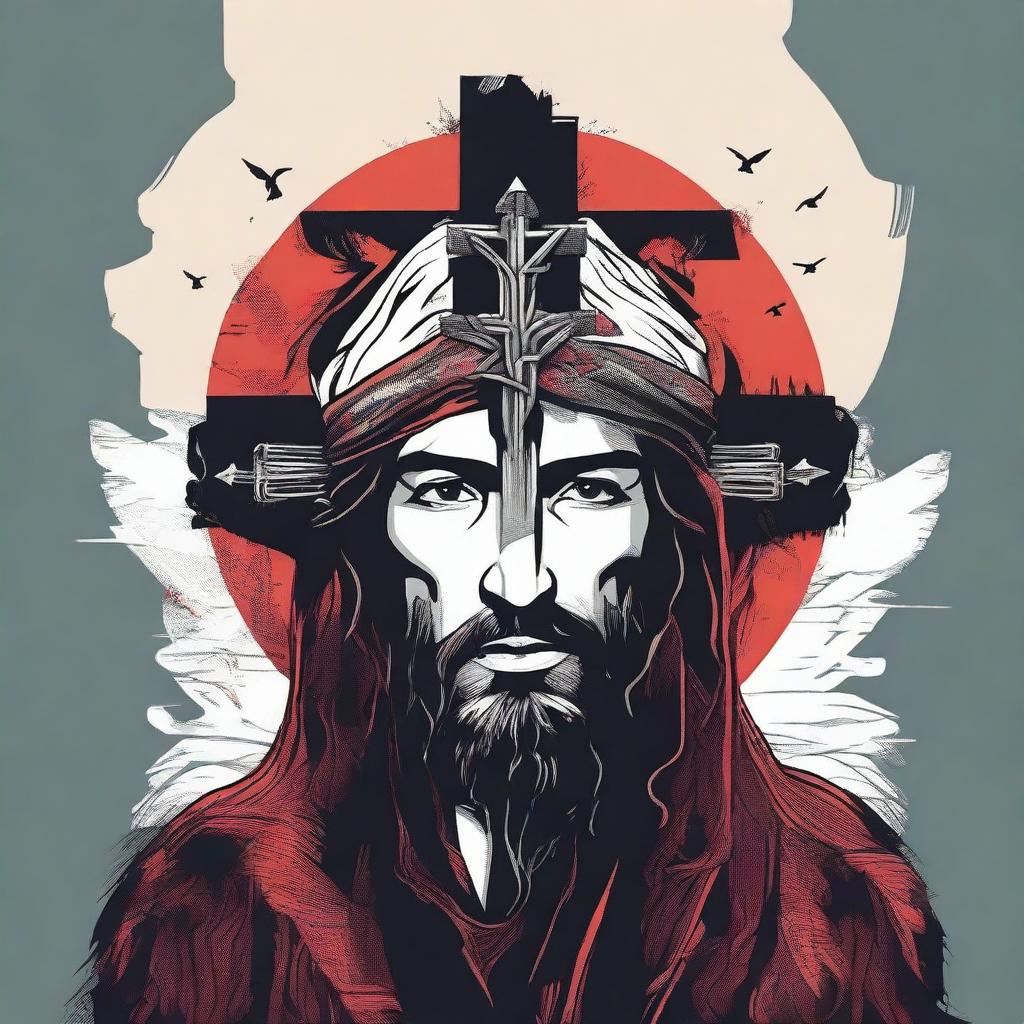 Design a compelling graphic 2D design that embodies the profound sacrifice of Jesus Christ for humanity's sins, infused with a masculine aesthetic inspired by @fearthelamb's TikTok channel