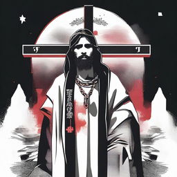 Design a compelling graphic 2D design that embodies the profound sacrifice of Jesus Christ for humanity's sins, infused with a masculine aesthetic inspired by @fearthelamb's TikTok channel