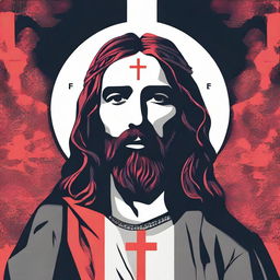 Design a compelling graphic 2D design that embodies the profound sacrifice of Jesus Christ for humanity's sins, infused with a masculine aesthetic that shows how his followers today fight for Him, inspired by @fearthelamb's TikTok channel