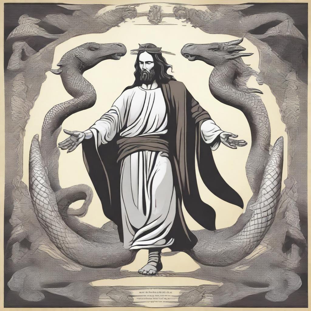 Design a compelling graphic 2D design that embodies when Jesus stomped his heel on the serpent's head and when Michael the archangel fought the dragon as read in the book of Revelation, infused with a masculine aesthetic inspired by @fearthelamb's TikTok channel