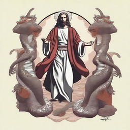 Design a compelling graphic 2D design that embodies when Jesus stomped his heel on the serpent's head and when Michael the archangel fought the dragon as read in the book of Revelation, infused with a masculine aesthetic inspired by @fearthelamb's TikTok channel