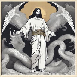 Design a compelling graphic 2D design that embodies when Jesus stomped his heel on the serpent's head and when Michael the archangel fought the dragon as read in the book of Revelation, infused with a masculine aesthetic inspired by @fearthelamb's TikTok channel