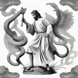 Design a compelling graphic 2D design that embodies when Jesus stomped his heel on the serpent's head in the garden and when Michael the archangel fought the dragon as read in the book of Revelation, infused with a masculine aesthetic inspired by @fearthelamb's TikTok channel