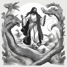 Design a compelling graphic 2D design that embodies when Jesus stomped his heel on the serpent's head in the garden and when Michael the archangel fought the dragon as read in the book of Revelation, infused with a masculine aesthetic inspired by @fearthelamb's TikTok channel