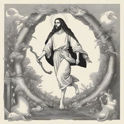 Design a compelling graphic 2D design that embodies when Jesus stomped his heel on the serpent's head in the garden and when Michael the archangel fought the dragon as read in the book of Revelation, infused with a masculine aesthetic inspired by @fearthelamb's TikTok channel