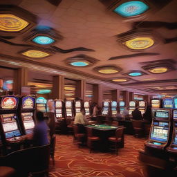 A lively casino scene with people playing various games like poker, blackjack, and slot machines