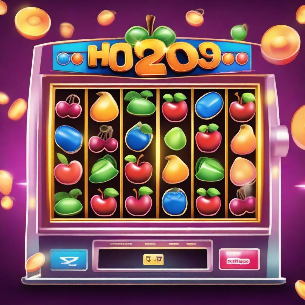 A vibrant and colorful casino slot machine with flashing lights and spinning reels