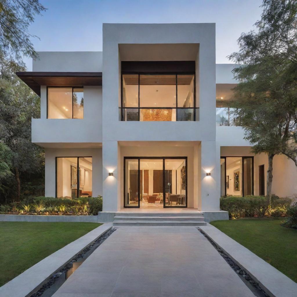 A modern Indian estate, that successfully blends contemporary architecture with traditional Indian elements. Sleek lines, minimalist design, with accents of vibrant colors and intricate details.