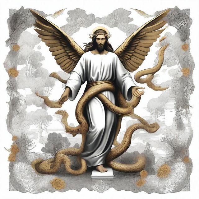 Design a compelling graphic 2D design that embodies when Jesus stomped his heel on the serpent's head in the garden and when Michael the archangel fought the dragon as read in the book of Revelation, infused with a masculine aesthetic inspired by @fearthelamb's TikTok channel